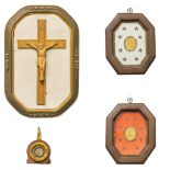 An assembled collection of a crucifix, relic and agnus dei wax seal. Total of 3 pieces. (8 x 30 x 45
