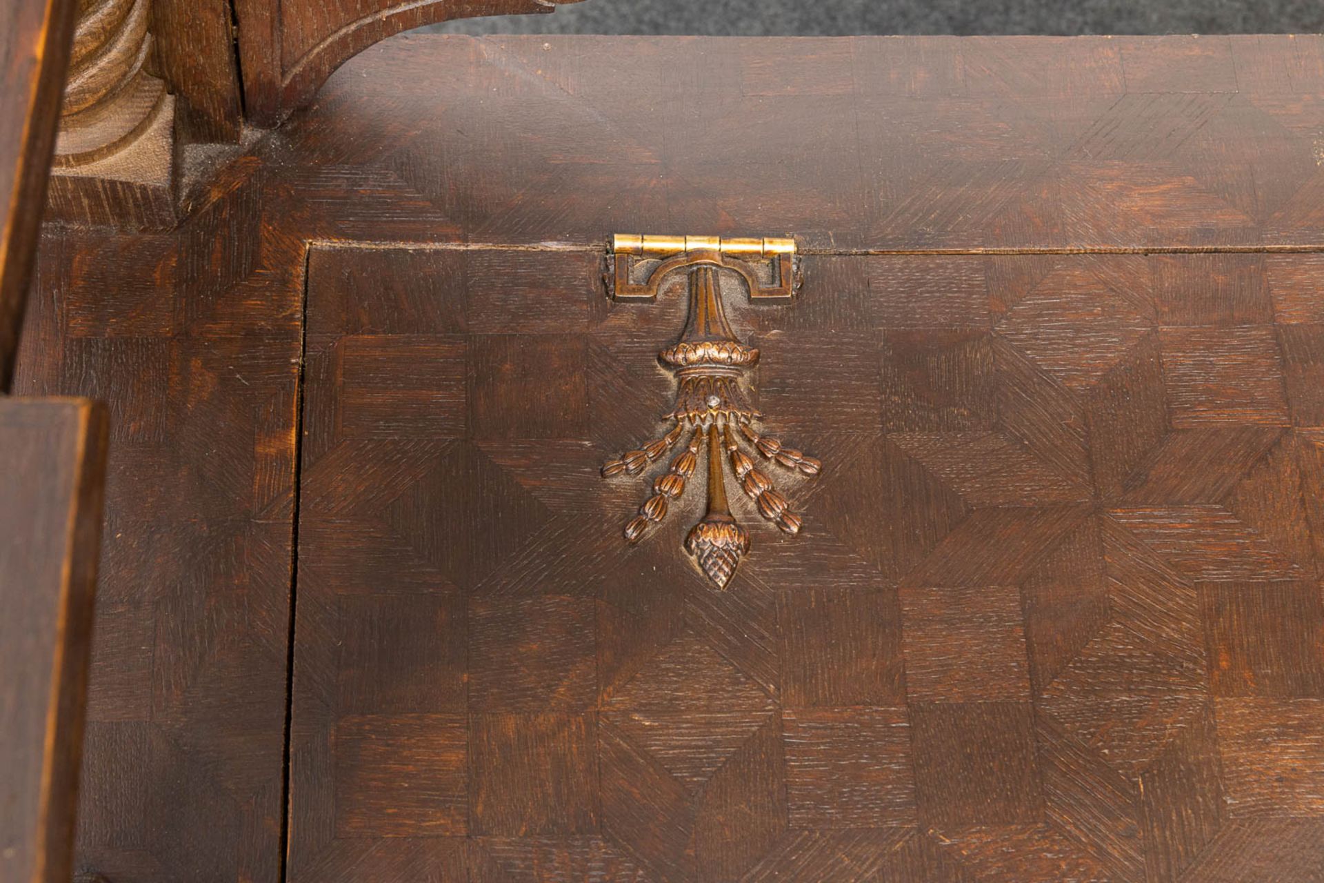 A hallbench made of different elements with marquetry inlay, stained glass and statues in Henry Deux - Image 11 of 21