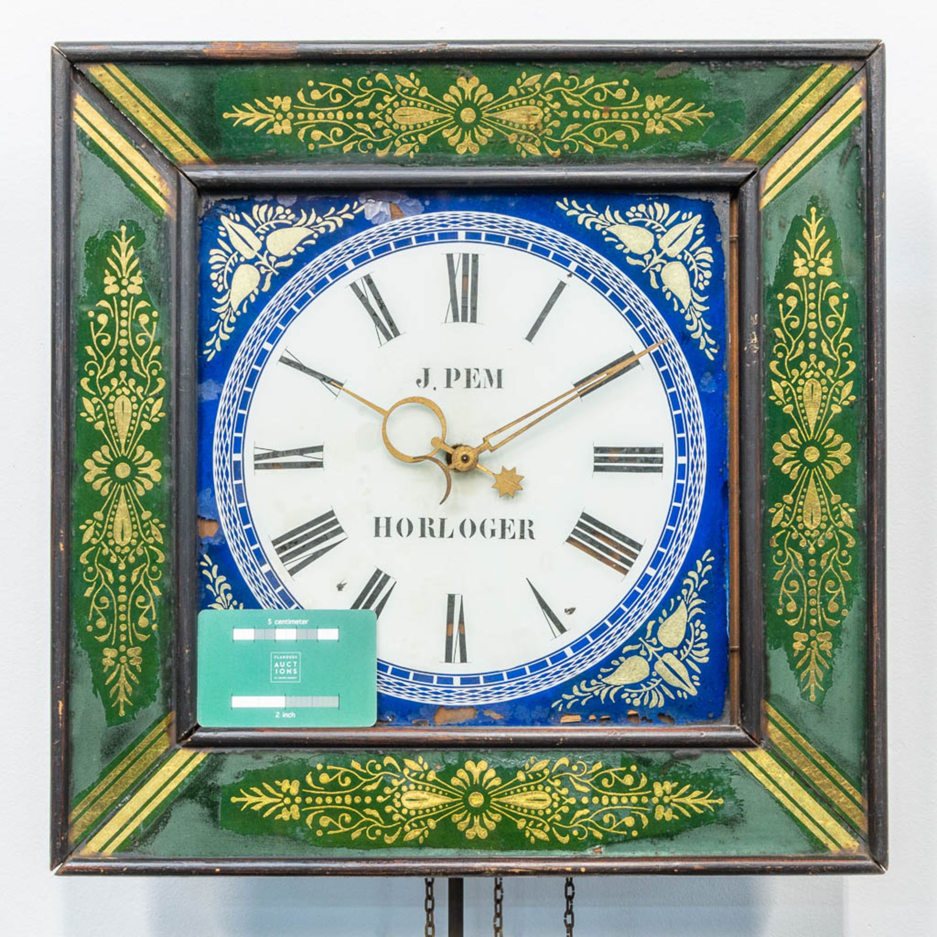 A clock with eglomise reverse glass painting, marked J. Pem Horloger. (12 x 39 x 39 cm) - Image 6 of 8