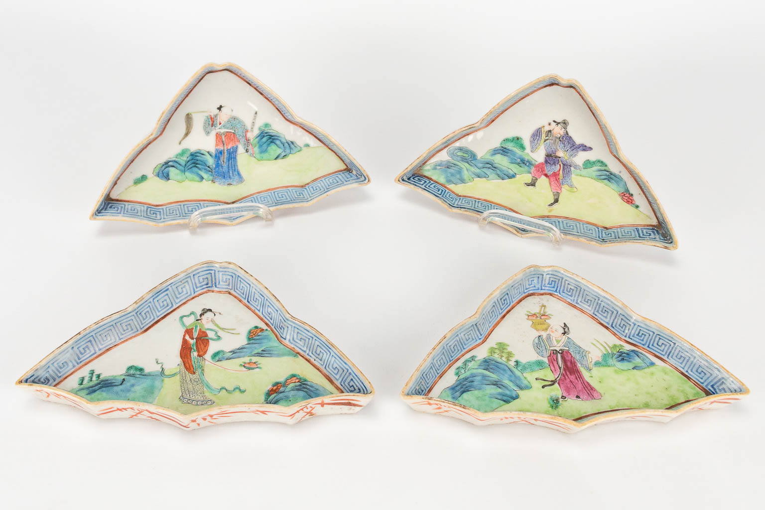 A set of 4 plates made of Chinese porcelain in a triangle shape with images of ladies and wise men. - Image 10 of 20