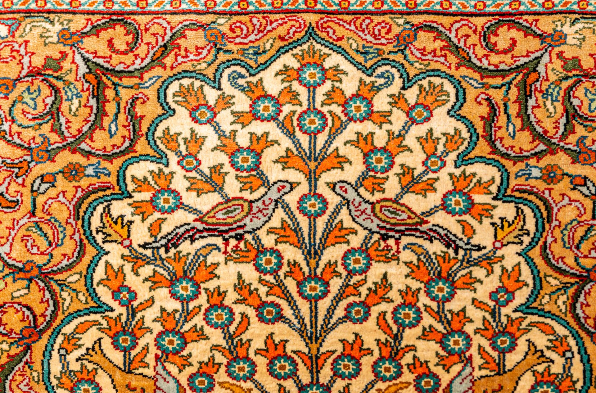 A hand-made silk carpet with 'Tree of life' decor and marked Kayseri. Signed. (112 x 75 cm) (75 x 11 - Image 5 of 8