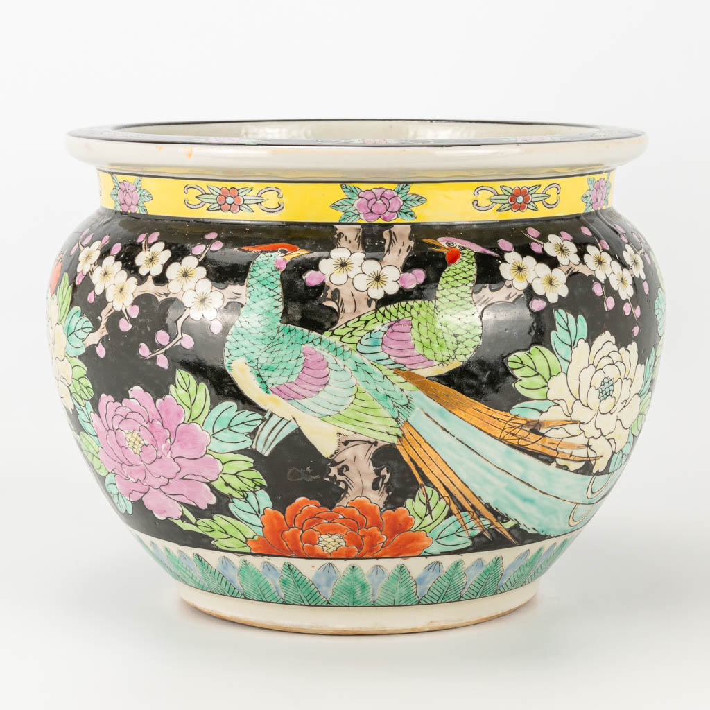 A large famille noir cache pot made of Chinese porcelain with images of birds and flowers. 20th cent