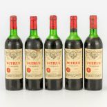 A collection of 5 bottles of Chateau Petrus 1975. (30 x 7 cm)