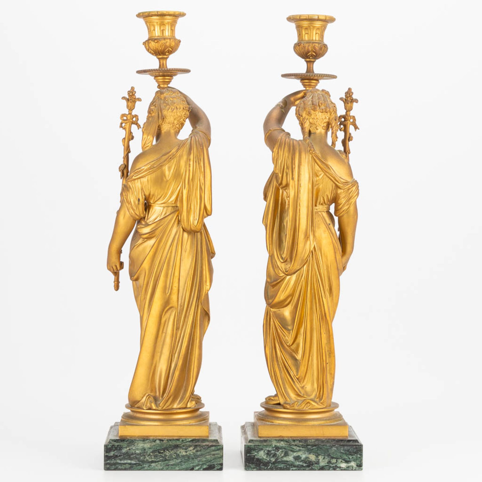 A pair of candlesticks made of gilt bronze with a pair of Greek-Roman ladies, marble base. Second ha - Image 5 of 18