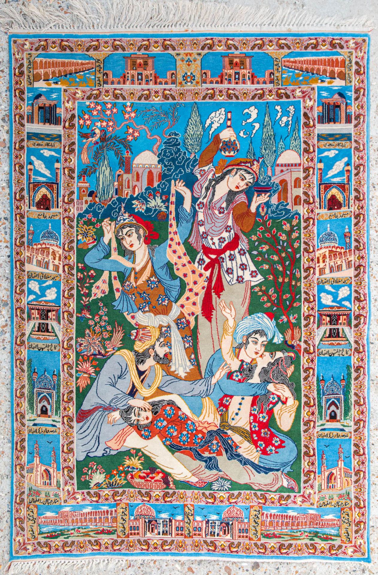 A figurative Oriental carpet, Tabriz, made of silk and wool. (159 x 108) (108 x 159 cm)