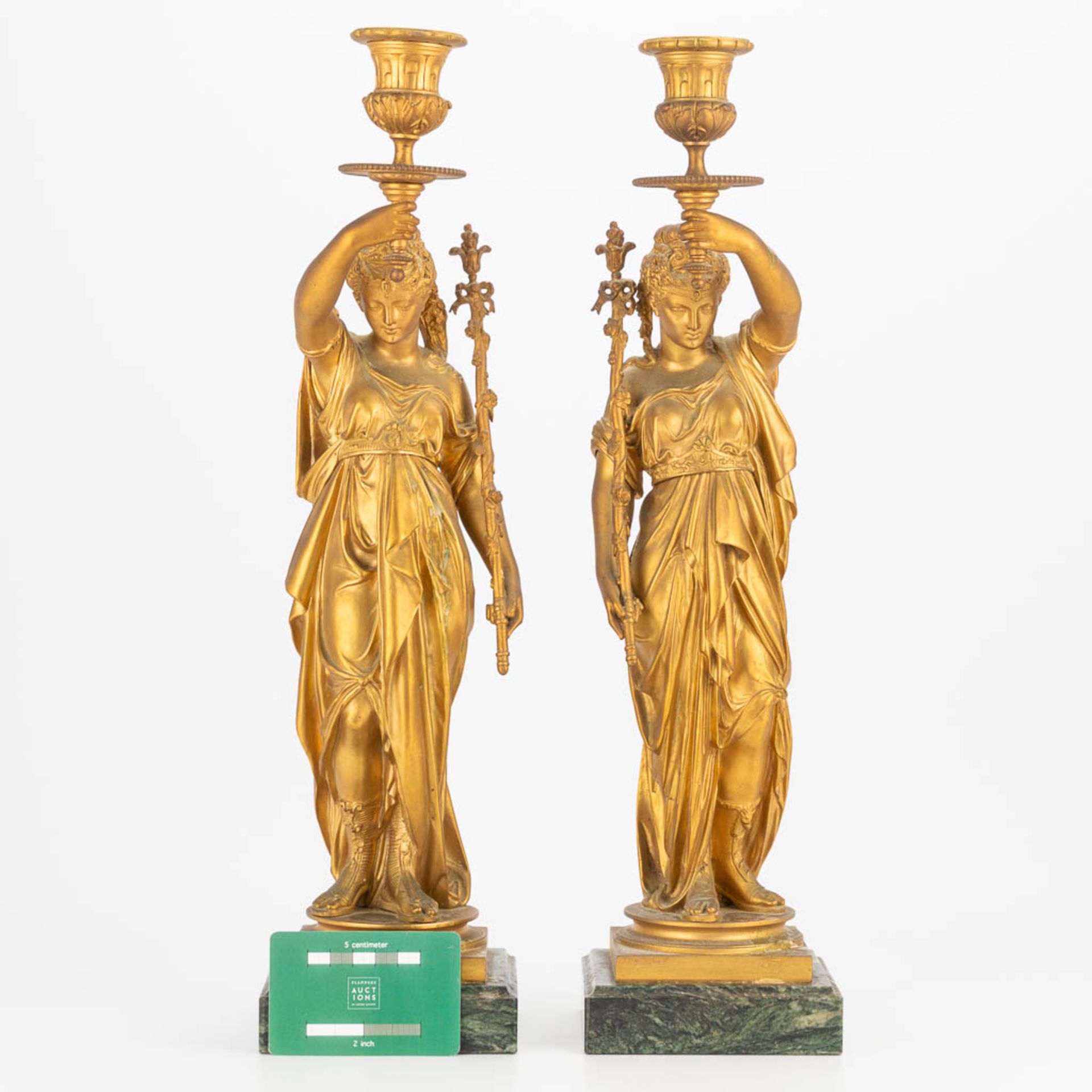 A pair of candlesticks made of gilt bronze with a pair of Greek-Roman ladies, marble base. Second ha - Image 2 of 18