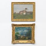 A collection of 2 paintings 'The pidgeon house' and 'The farmers cart'. Oil on canvas, 19th/20th cen