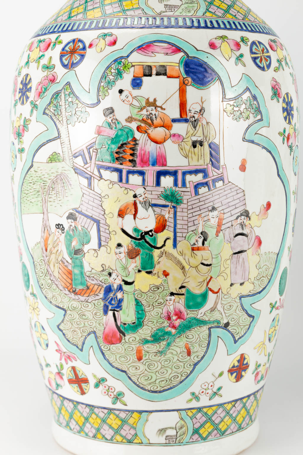 A pair of Chinese vases with decor of wise men, farmers, playing children and ladies. 20th century a - Image 20 of 25