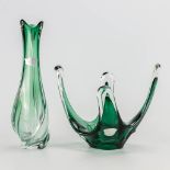 A collection of 2 green crystal items made by Val Saint Lambert. (22,5 x 30,3 x 23 cm)