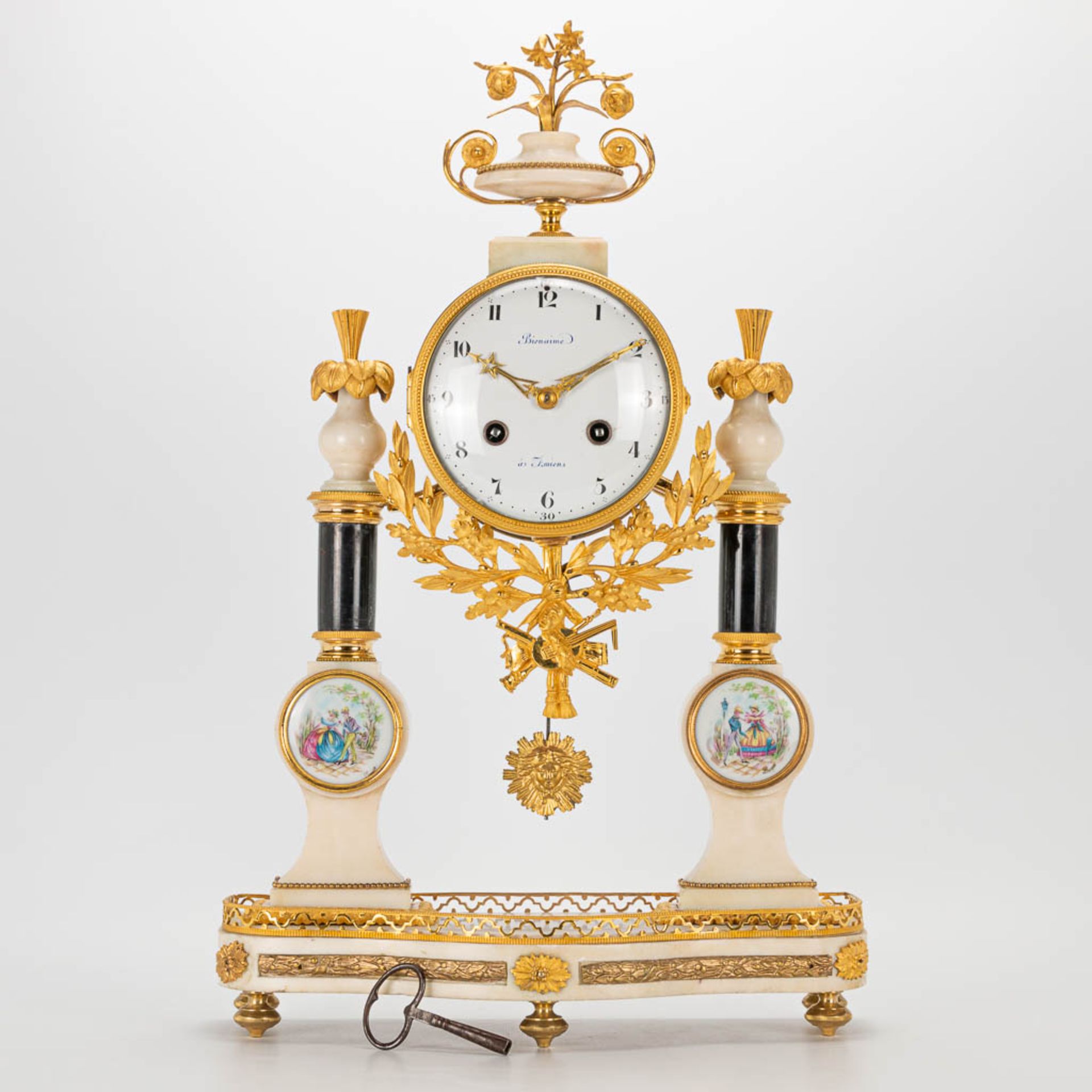 A Louis XVI style column clock made of bronze and marble, with handpainted Limoges plaques and marke - Image 6 of 23