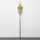A procession lamp with etched glass in neogothic style. Around 1900. (23 x 23 x 190 cm)