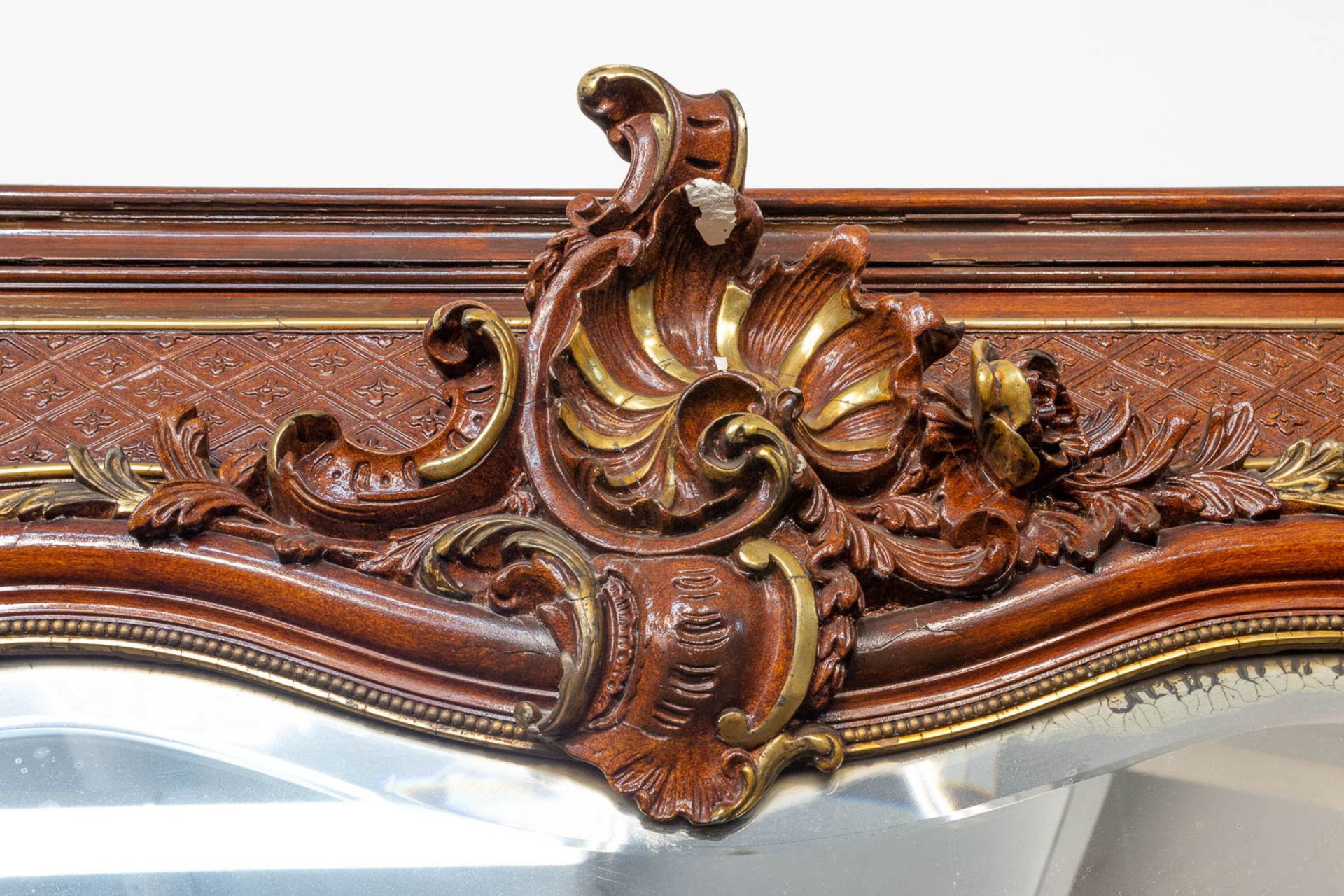 A large mirror made of sculptured wood and stucco in Louis XV style. (126 x 8 x 243 cm) - Image 7 of 8