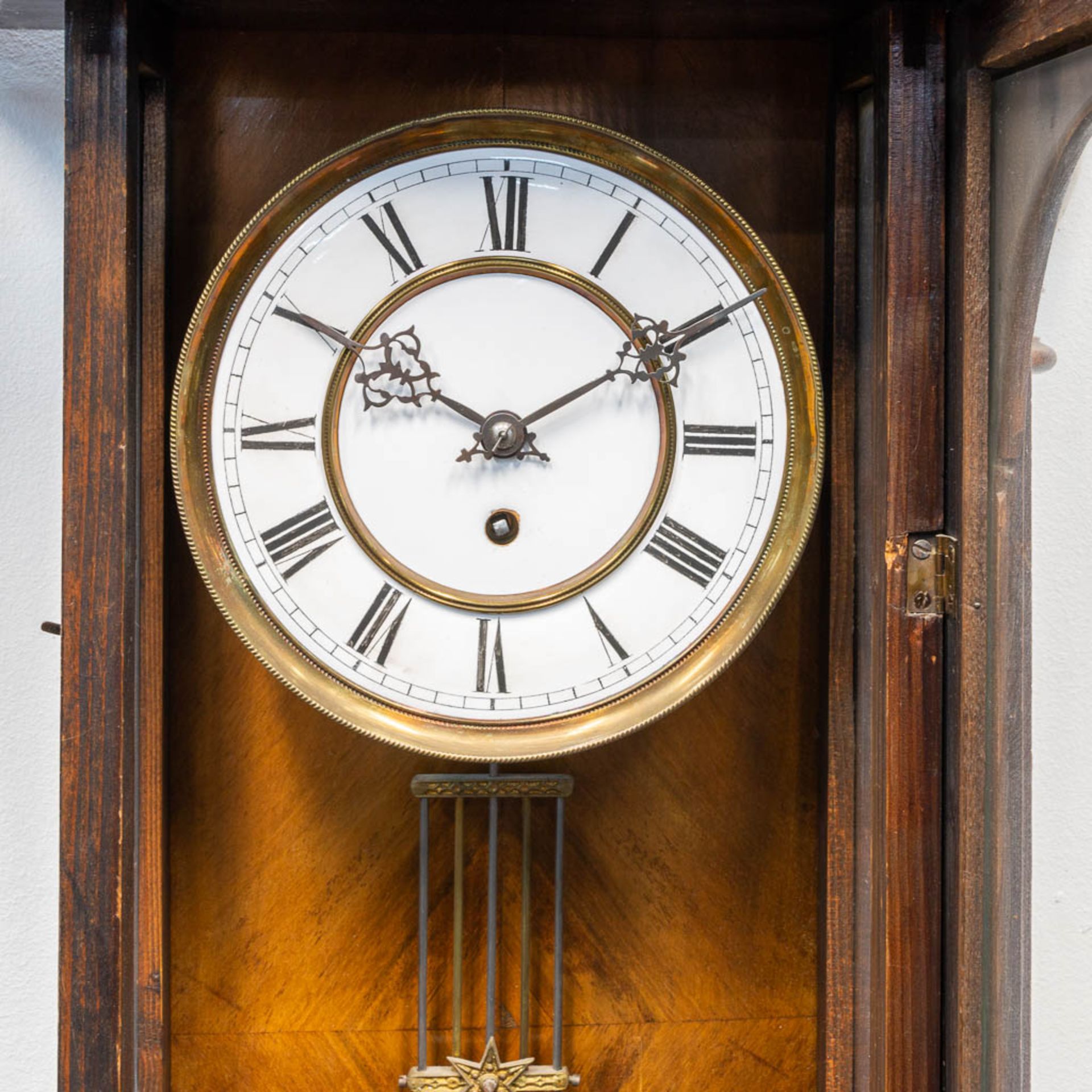 A wood hanging clock. The first half of the 20th century. (16 x 36,5 x 120 cm) - Image 6 of 13