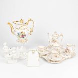 A coffee service made of porcelain, a menu card, vieux bruxelles coffee pot and 3 porcelain figurine