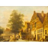 A city view 'De zuiderhavendij in Enkuizen' a painting after Cornelis Springer, oil on panel, marked