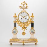 A Louis XVI style column clock made of bronze and marble, with handpainted Limoges plaques and marke