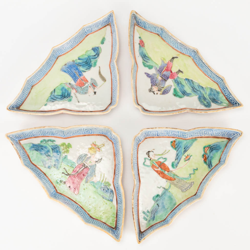 A set of 4 plates made of Chinese porcelain in a triangle shape with images of ladies and wise men. - Image 14 of 20