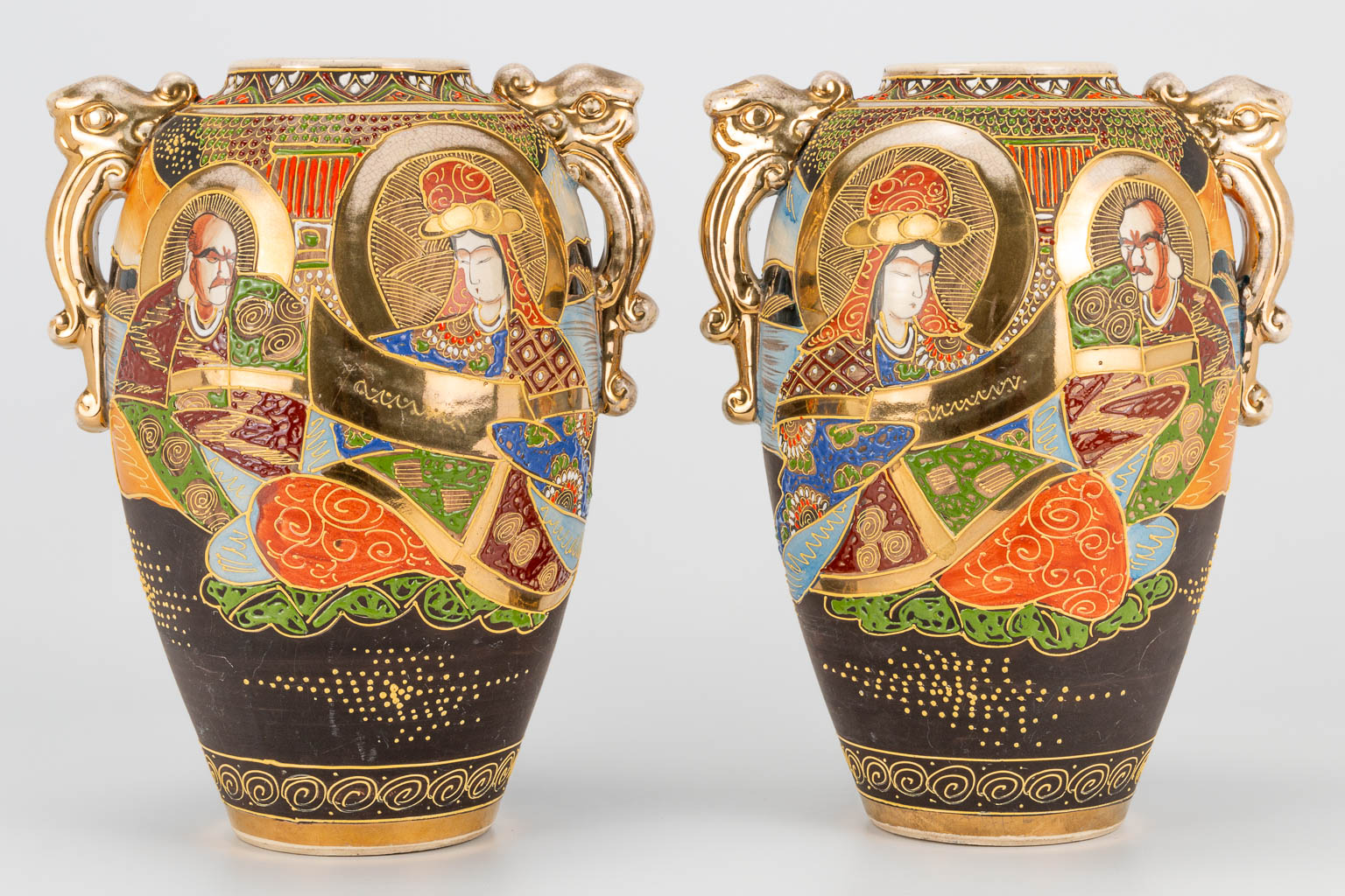 A collection of 3 Satsuma vases made in Japan. One vase and a pair. (38 x 21 cm) - Image 24 of 28