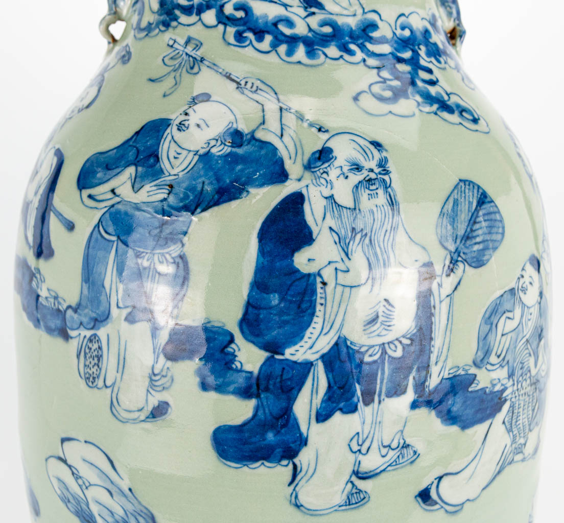 A Chinese vase with blue-white decor of immortals. 19th/20th century. (62 x 24 cm) - Image 19 of 21