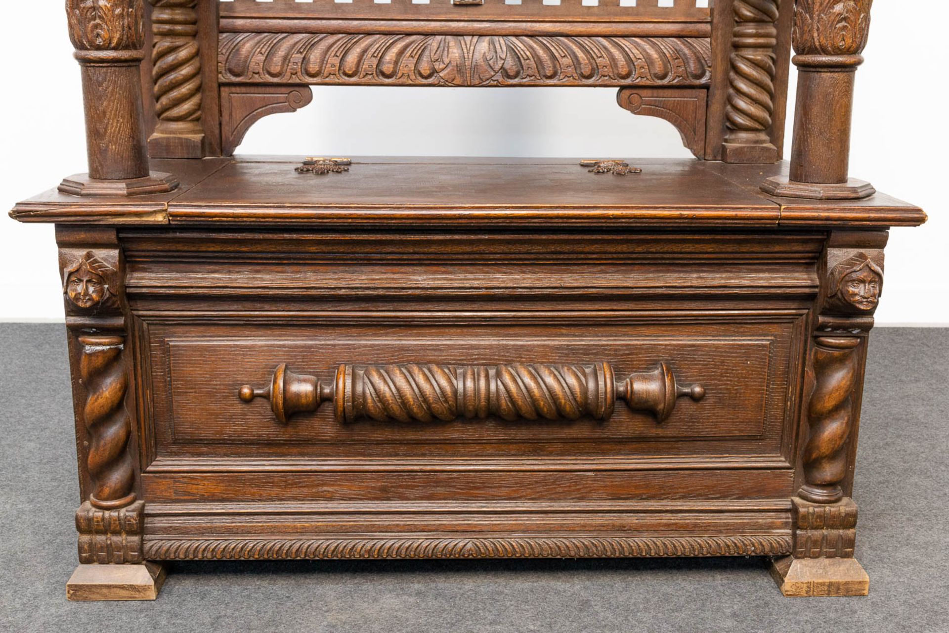 A hallbench made of different elements with marquetry inlay, stained glass and statues in Henry Deux - Image 16 of 21