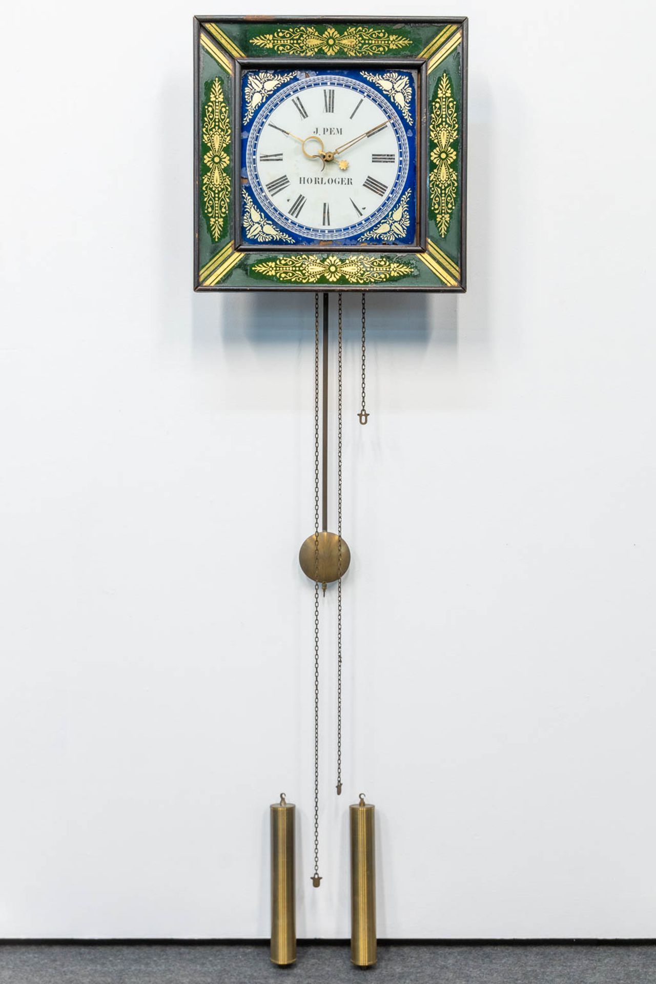 A clock with eglomise reverse glass painting, marked J. Pem Horloger. (12 x 39 x 39 cm) - Image 2 of 8