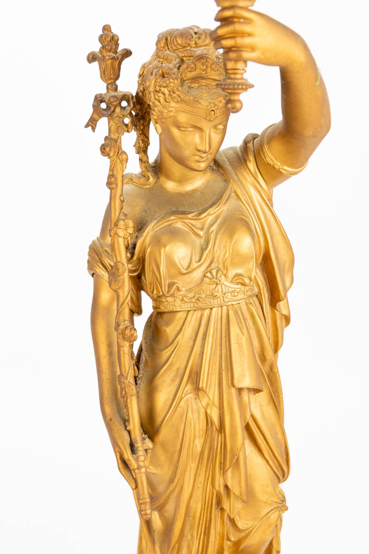 A pair of candlesticks made of gilt bronze with a pair of Greek-Roman ladies, marble base. Second ha - Image 16 of 18