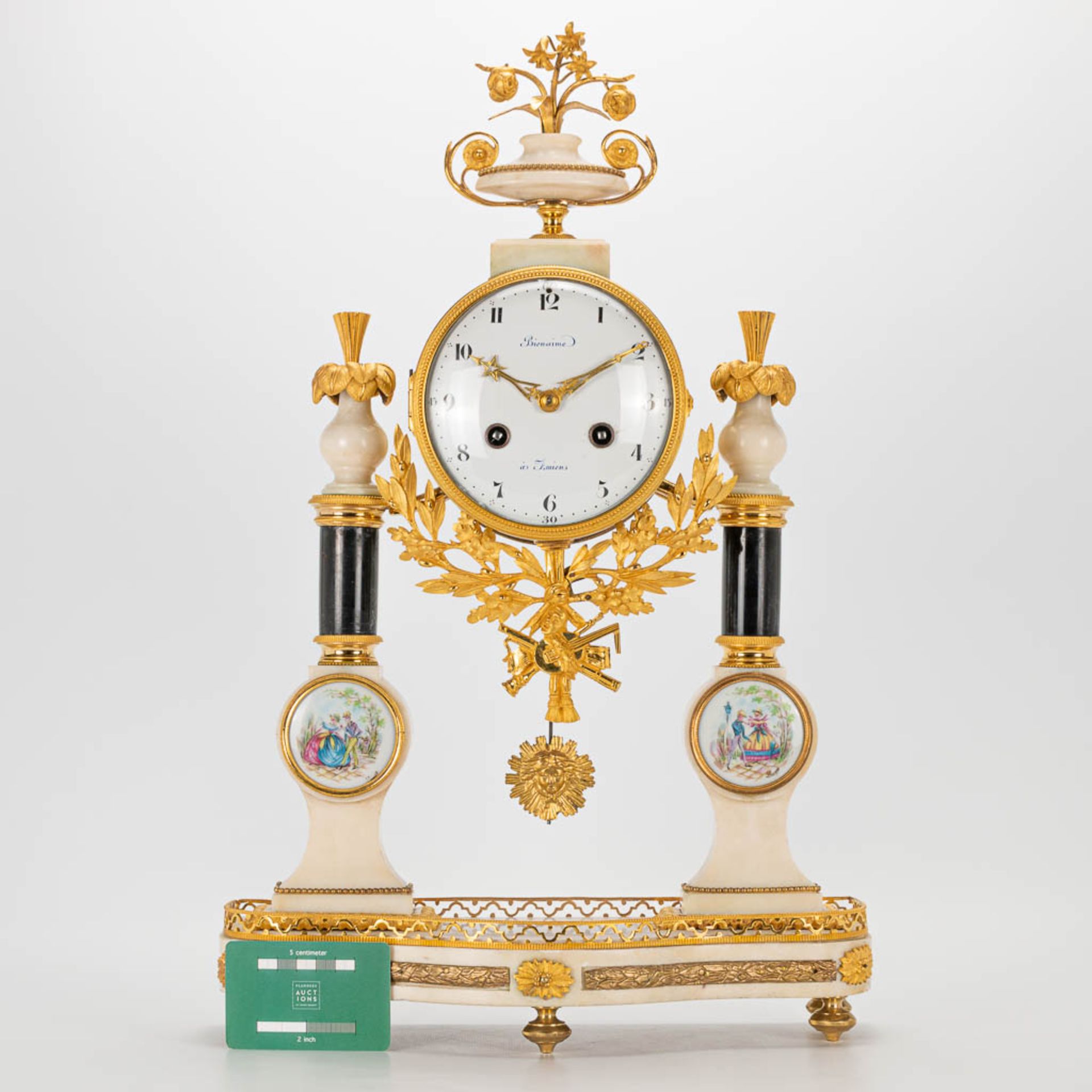 A Louis XVI style column clock made of bronze and marble, with handpainted Limoges plaques and marke - Image 4 of 23