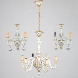 A chandelier and matching wall lamps made of porcelain with flower decor finished hand-painted decor