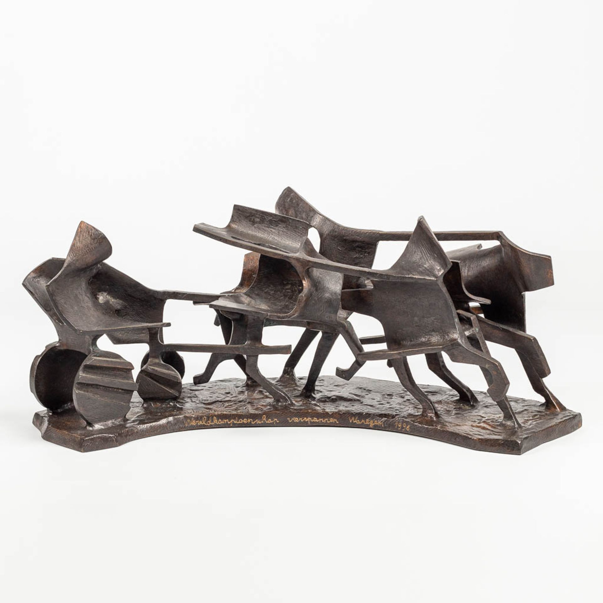 Fernand VANDERPLANCKE (1938) 'Vierspan' an abstract bronze statue of a horse-drawn carriage