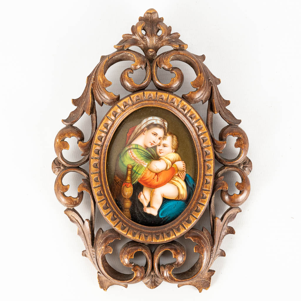 A miniature painting after 'Madonna della Seggiola by Rafael', painted on porcelain.