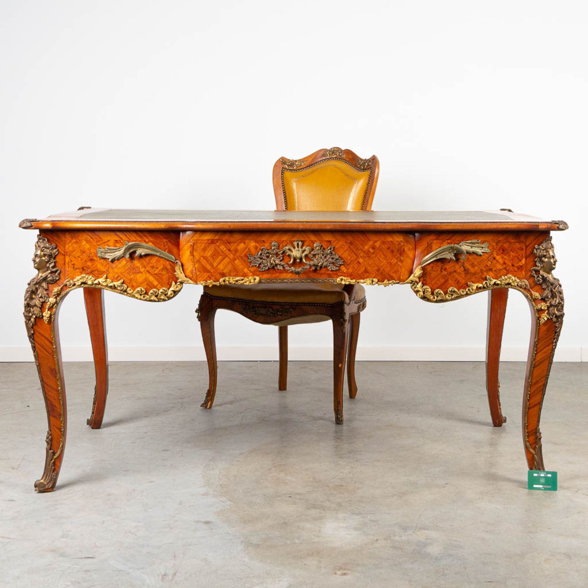 A desk and chair, mounted with bronze in Louis XV style and finished with marquetry bronze and leath - Image 2 of 18