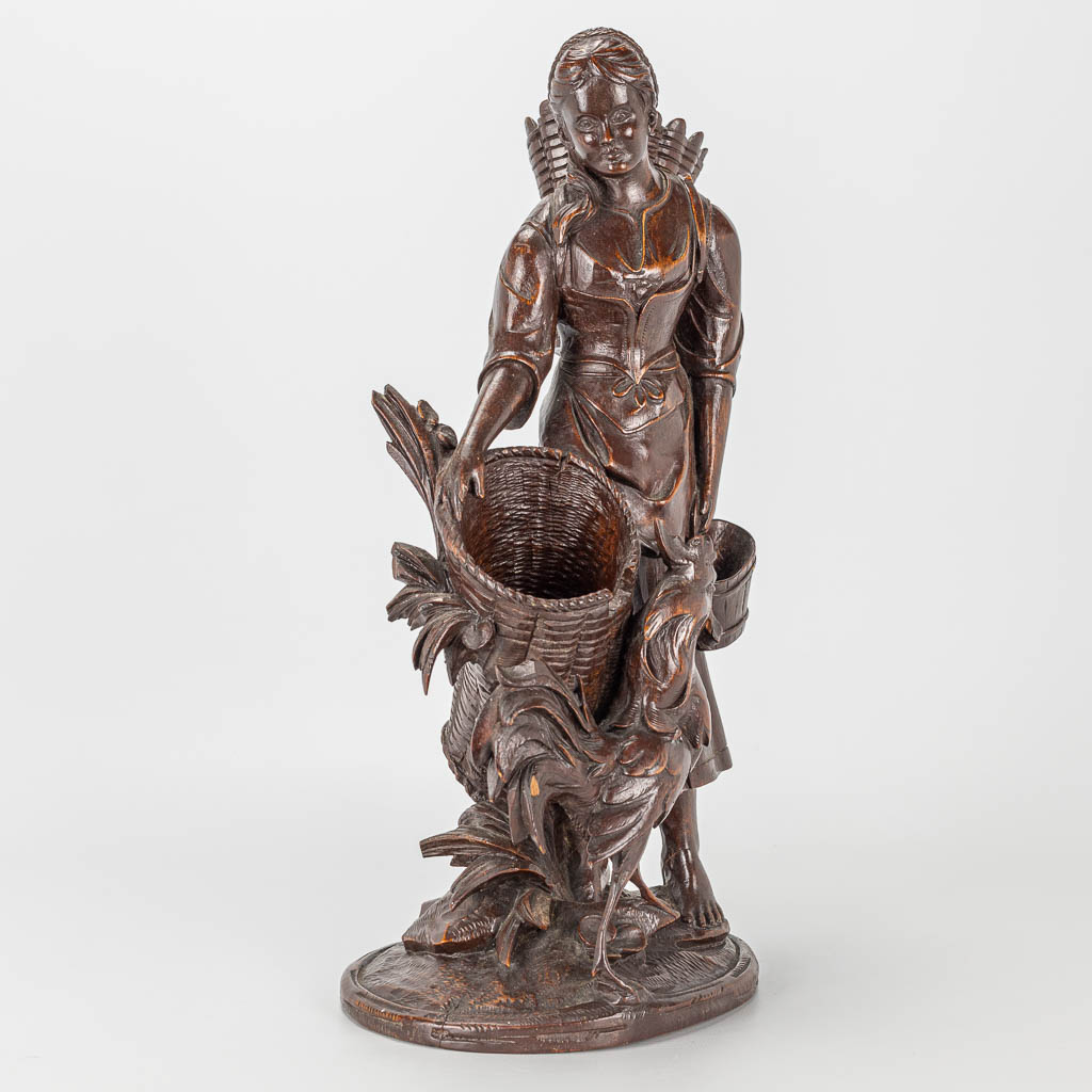 A wood sculpture of a lady with rooster, Black Forest. - Image 3 of 14