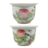 A pair of cache-pots made of Chinese porcelain and decorated with birds and peonies