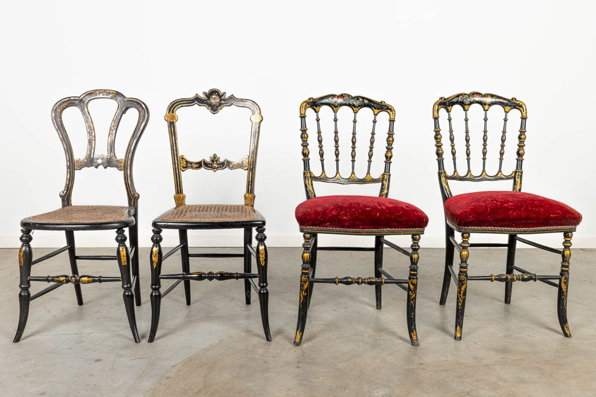 A collection of 3 chairs inlaid with mother of pearl and hand-painted decors. - Image 6 of 10