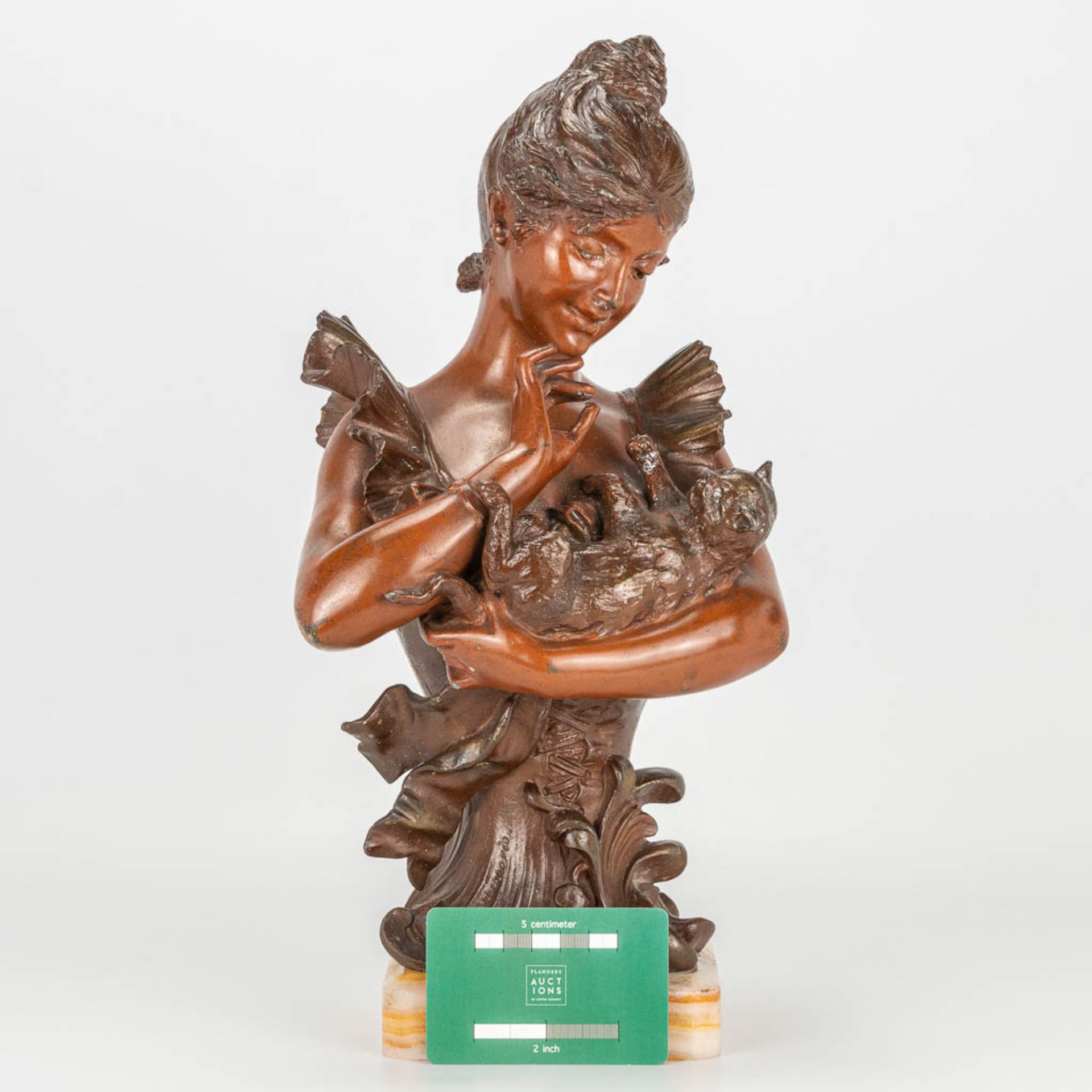 Alfred Jean FORETAY (1861-1944) 'Taquinerie' a bronze figurine of a lady with her cat. - Image 5 of 13