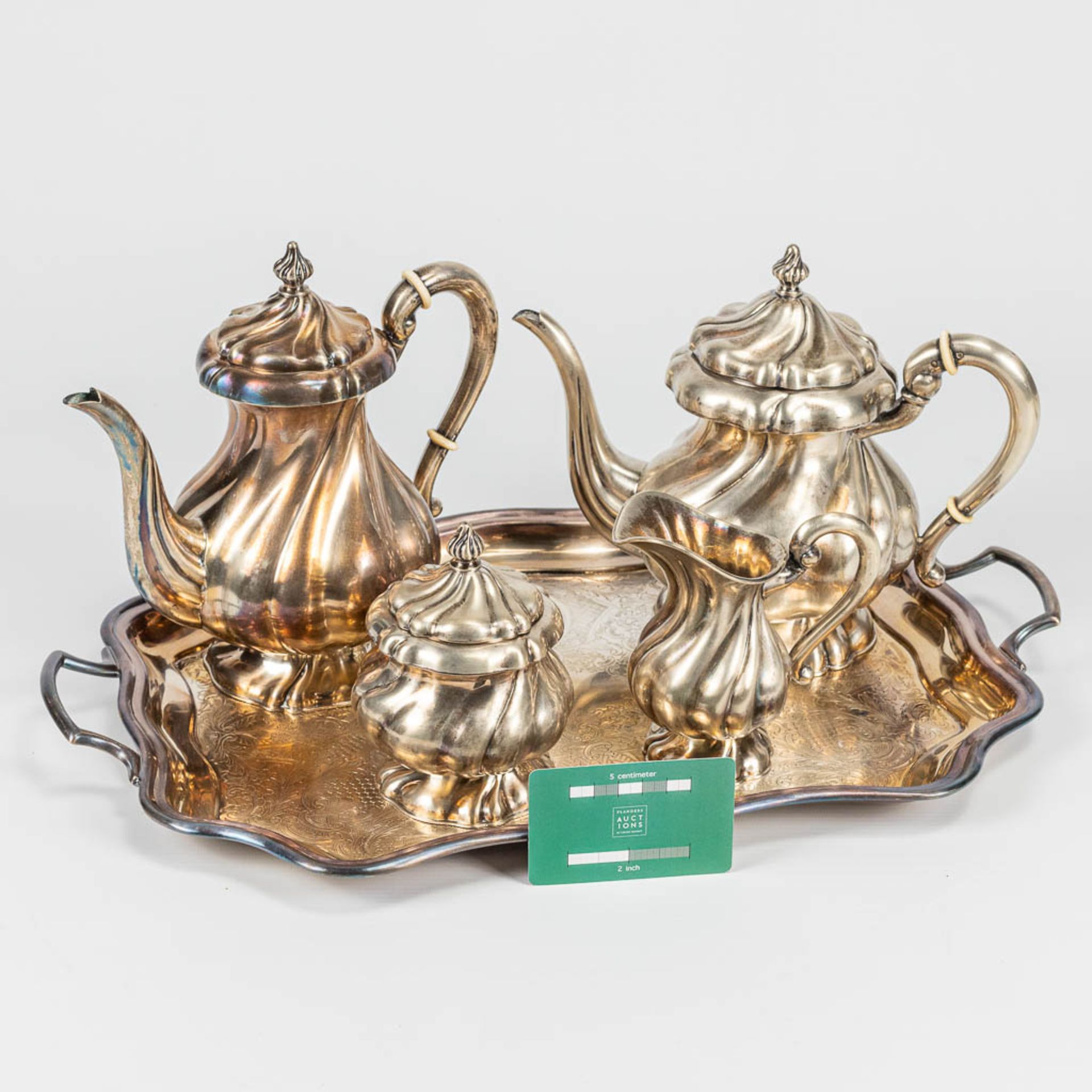 A 4-piece coffee and tea service made of silver on a silver-plated tray. - Image 11 of 14