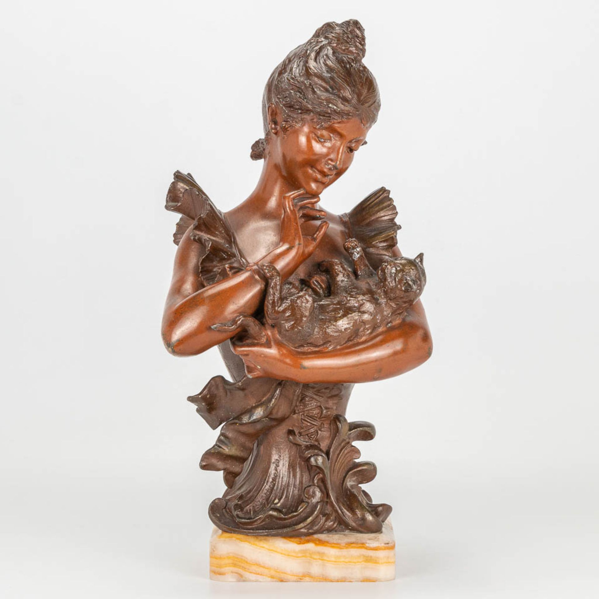 Alfred Jean FORETAY (1861-1944) 'Taquinerie' a bronze figurine of a lady with her cat. - Image 6 of 13
