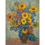 A painting of a flower vase, in the style of Vincent Van Gogh. Oil on canvas. (77 x 102 cm)