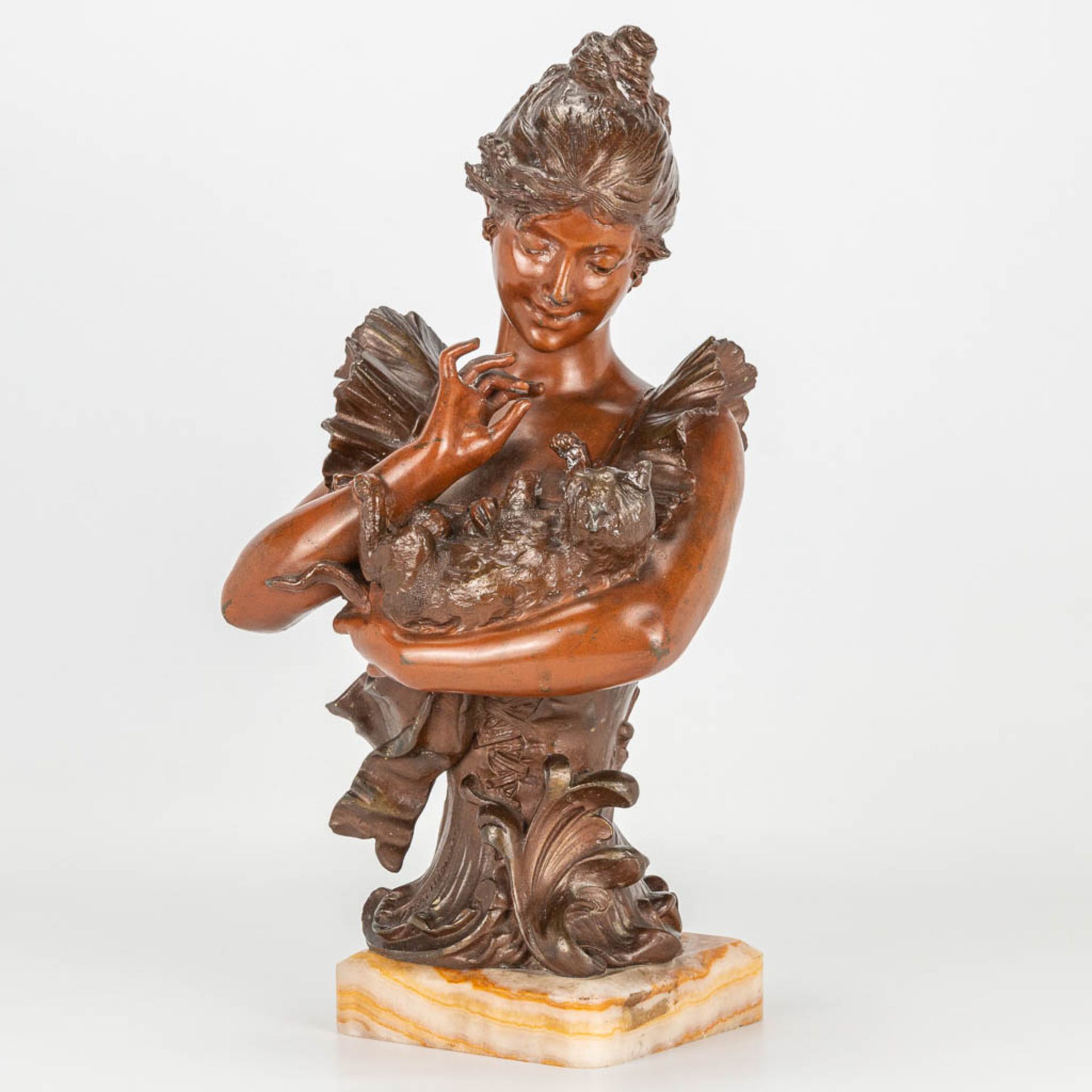 Alfred Jean FORETAY (1861-1944) 'Taquinerie' a bronze figurine of a lady with her cat.