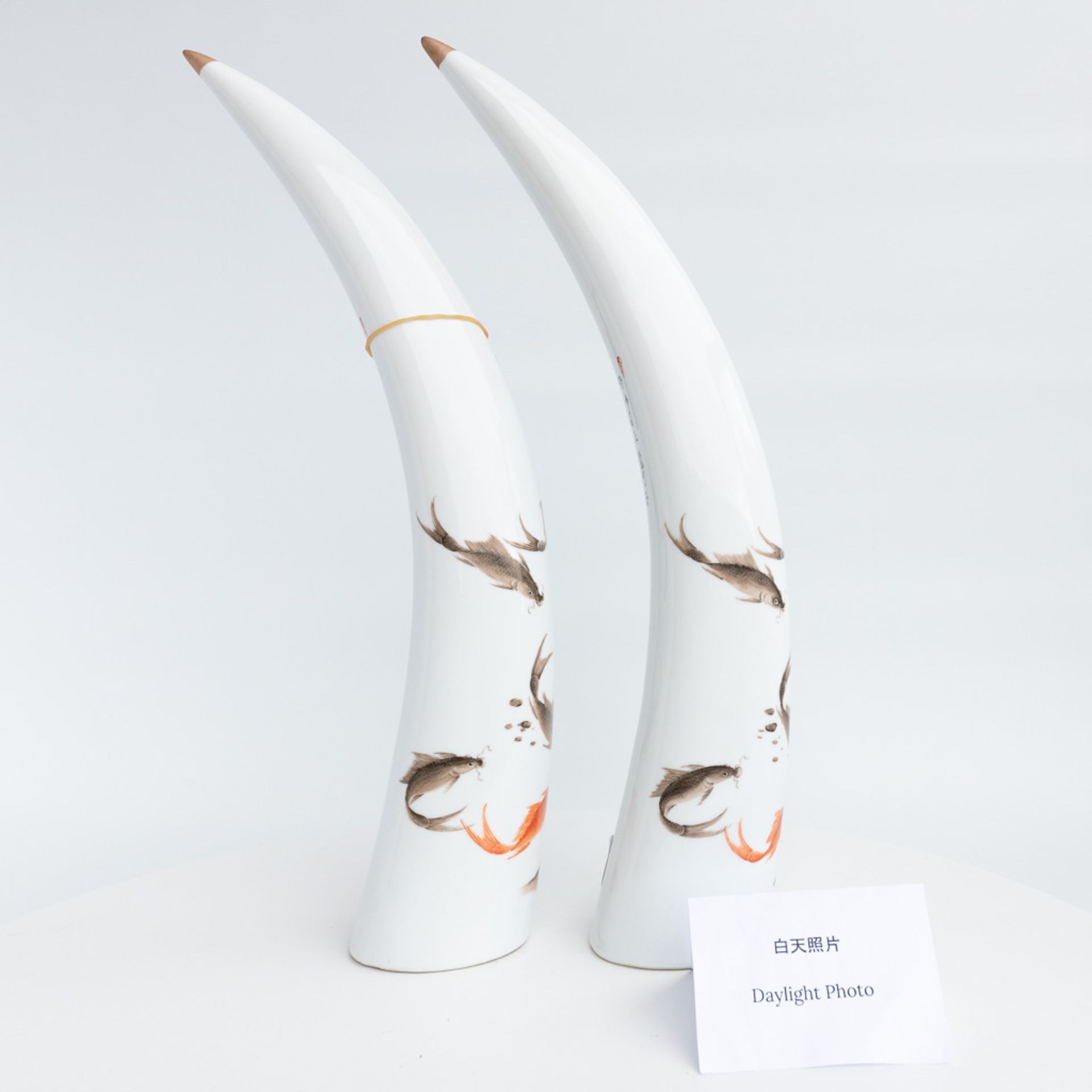 A pair of tusks, made of Chinese porcelain and decorated with fish. - Image 10 of 12