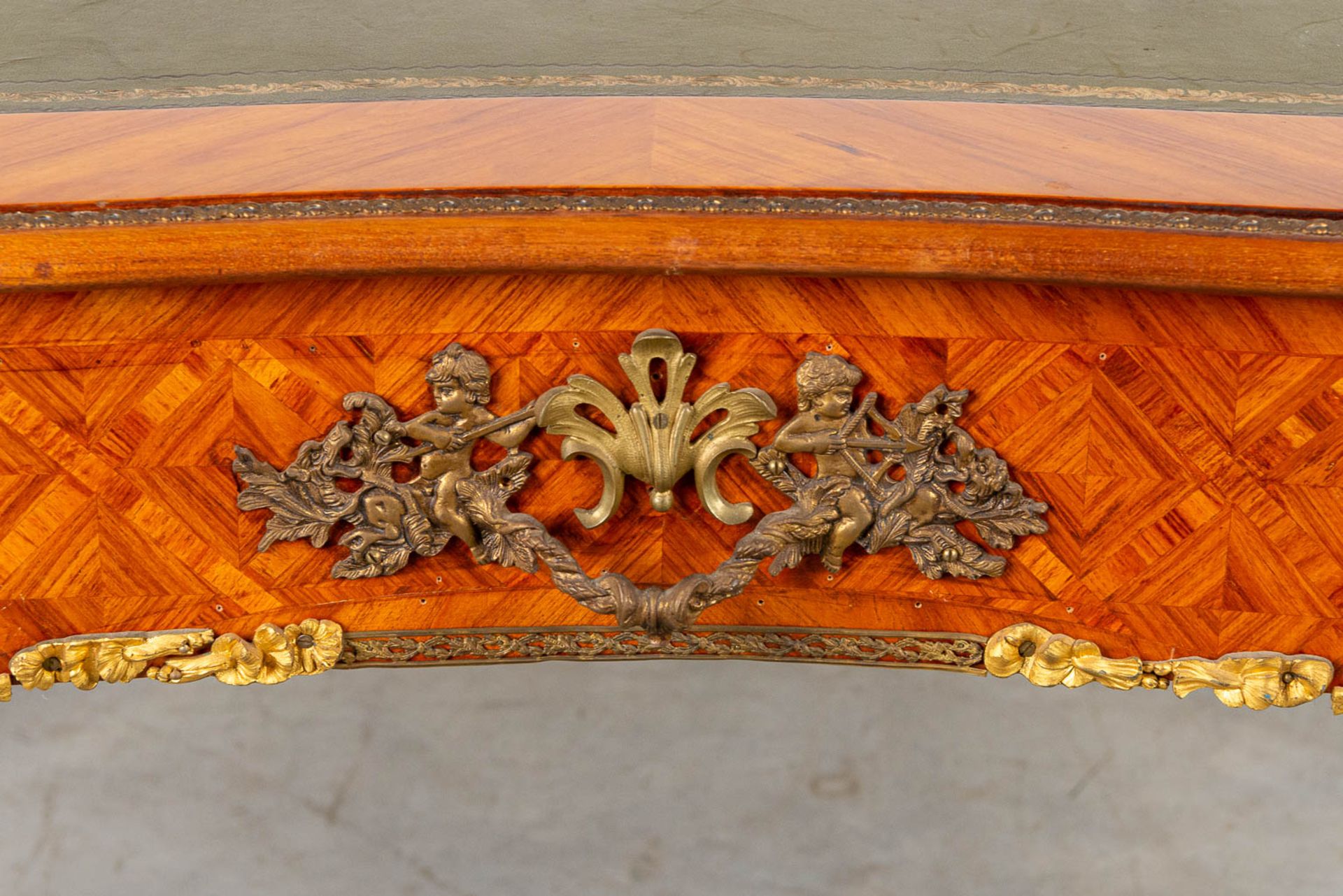 A desk and chair, mounted with bronze in Louis XV style and finished with marquetry bronze and leath - Image 15 of 18