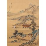 A Chinese landscape, hand-painted on silk.