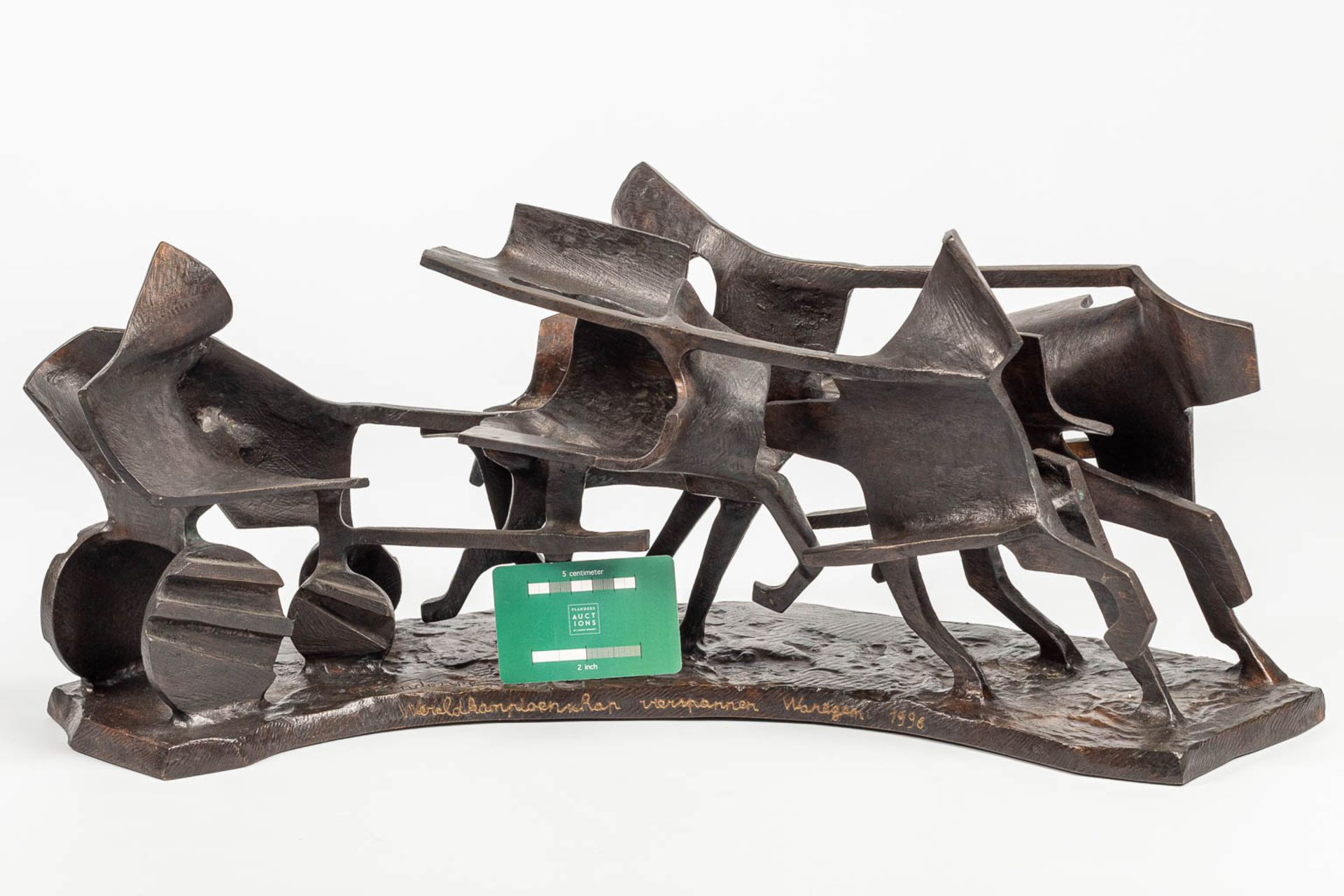 Fernand VANDERPLANCKE (1938) 'Vierspan' an abstract bronze statue of a horse-drawn carriage - Image 9 of 12