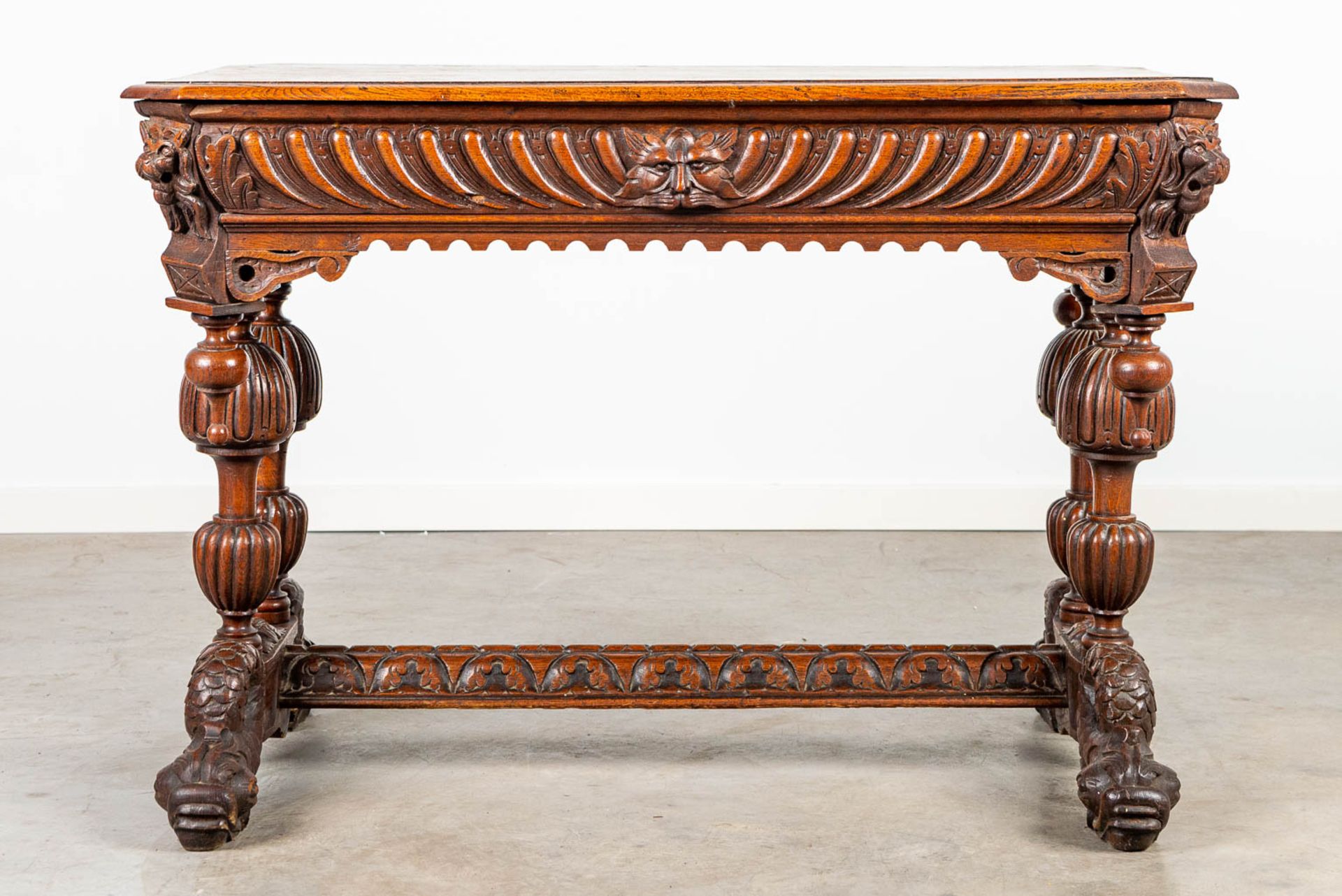 A desk made of oak and decorated with wood sculptured Dolphins. - Image 8 of 9