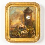 No signature found, an antique painting of a tower with a working clock and music box.