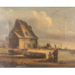 An antique painting 'Fishermen at the beach', oil on canvas. Dutch School and marked 1833. (23 x 20