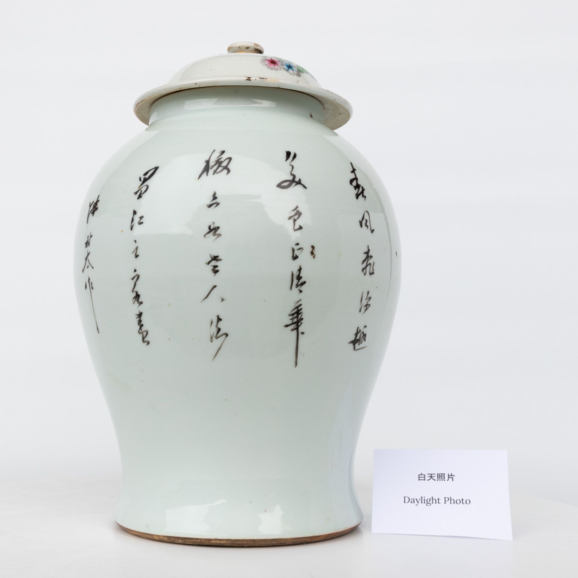 A vase with lid made of Chinese porcelain and decorated with ladies in the garden with a child - Image 13 of 15