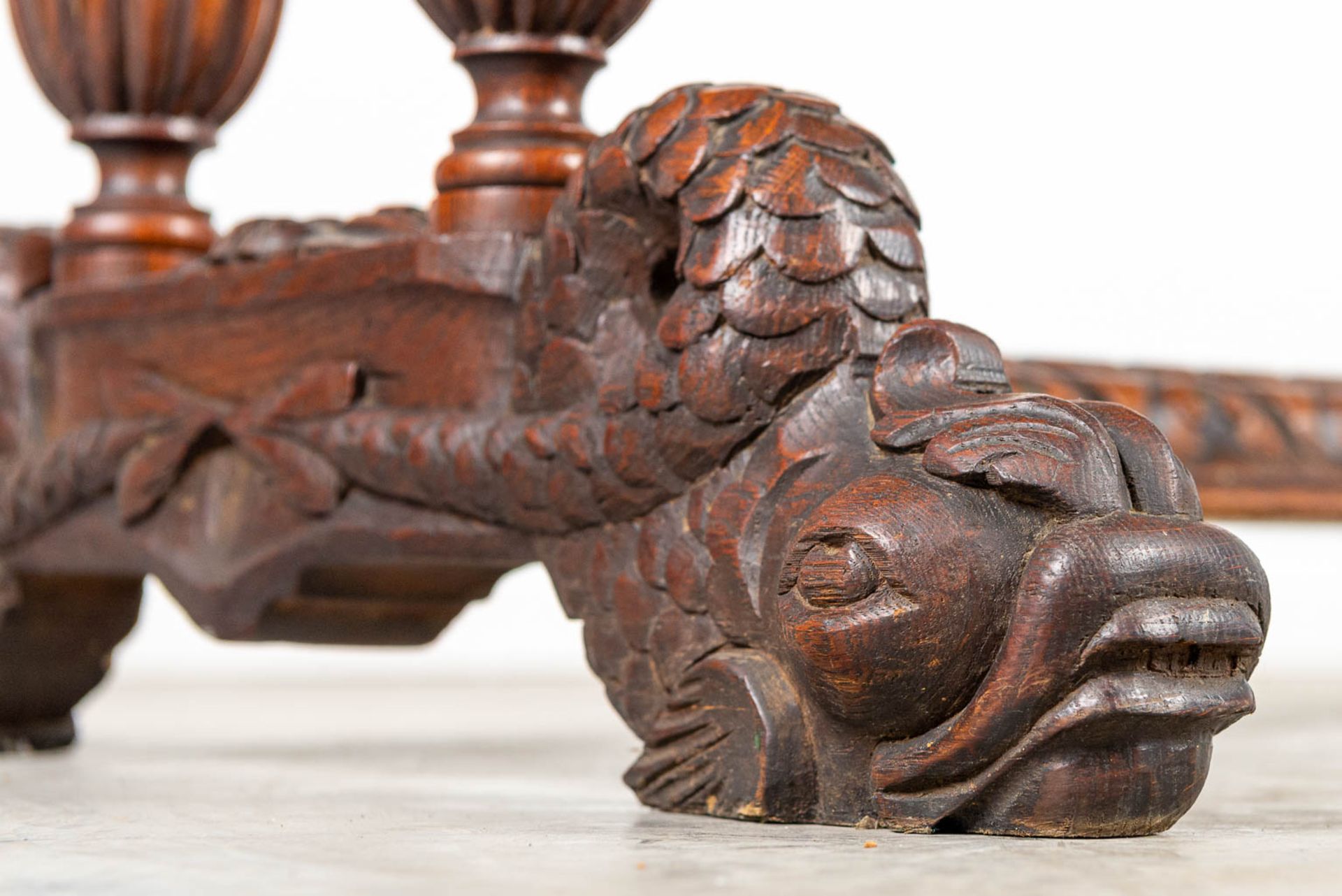 A desk made of oak and decorated with wood sculptured Dolphins. - Image 3 of 9