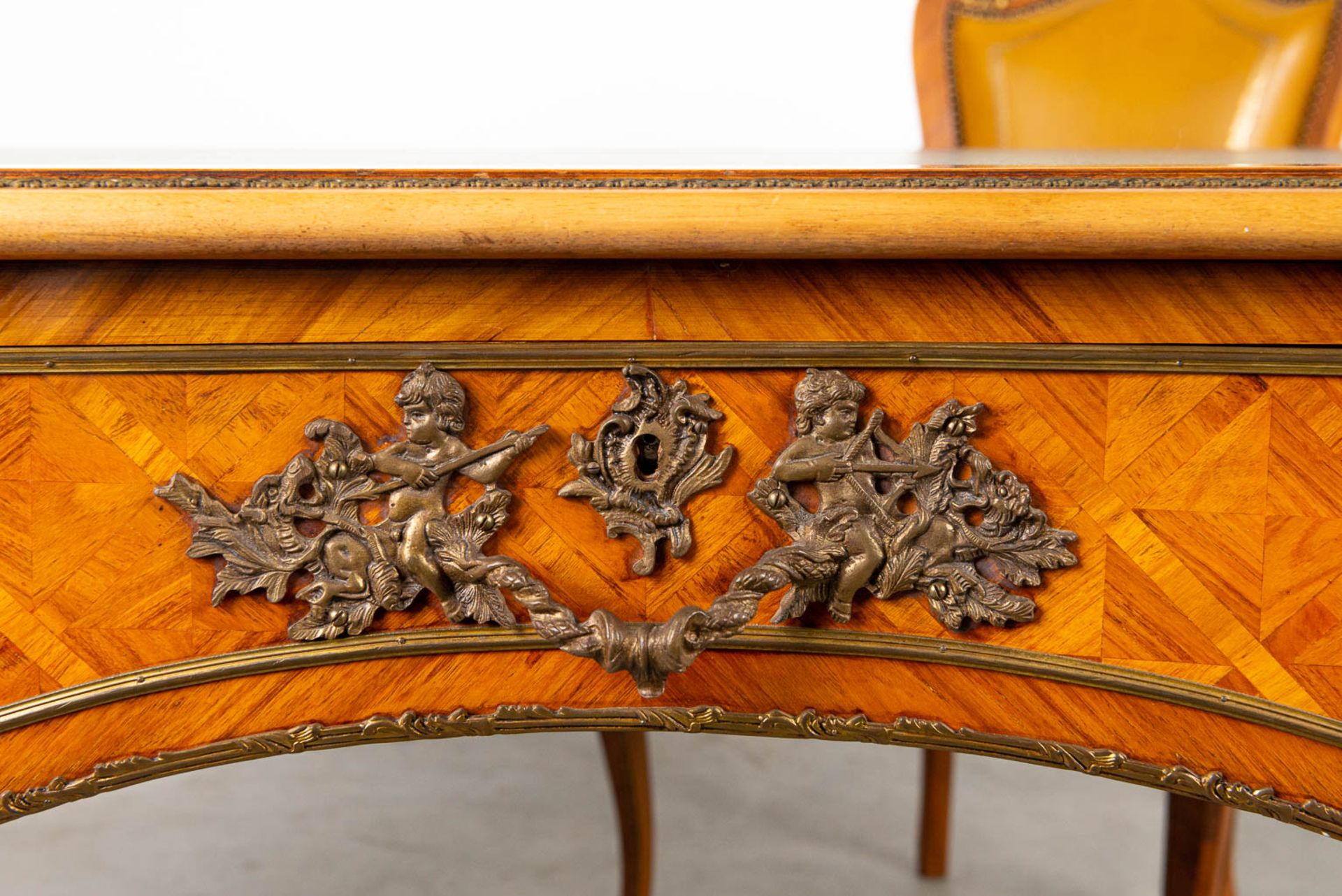 A desk and chair, mounted with bronze in Louis XV style and finished with marquetry bronze and leath - Image 12 of 18