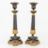 A pair of candlesticks made of gilt and patinated bronze in empire style.